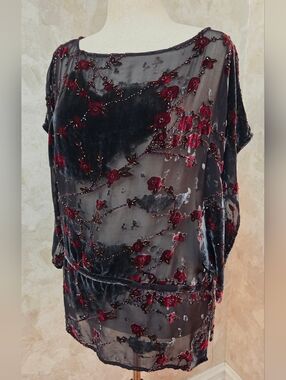 Mary Lucille Silk Velvet Burnout Beaded Top Large | Sheer Floral Art Blouse